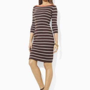 Ralph Lauren 100% Cotton Jersey Striped Dress M Brown Orange Boat Neck New